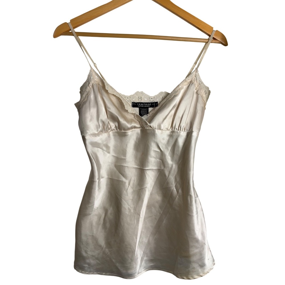Rampage Satin Lace Trim Camisole Top Champagne Beige silky Side Zip Vintage y2k